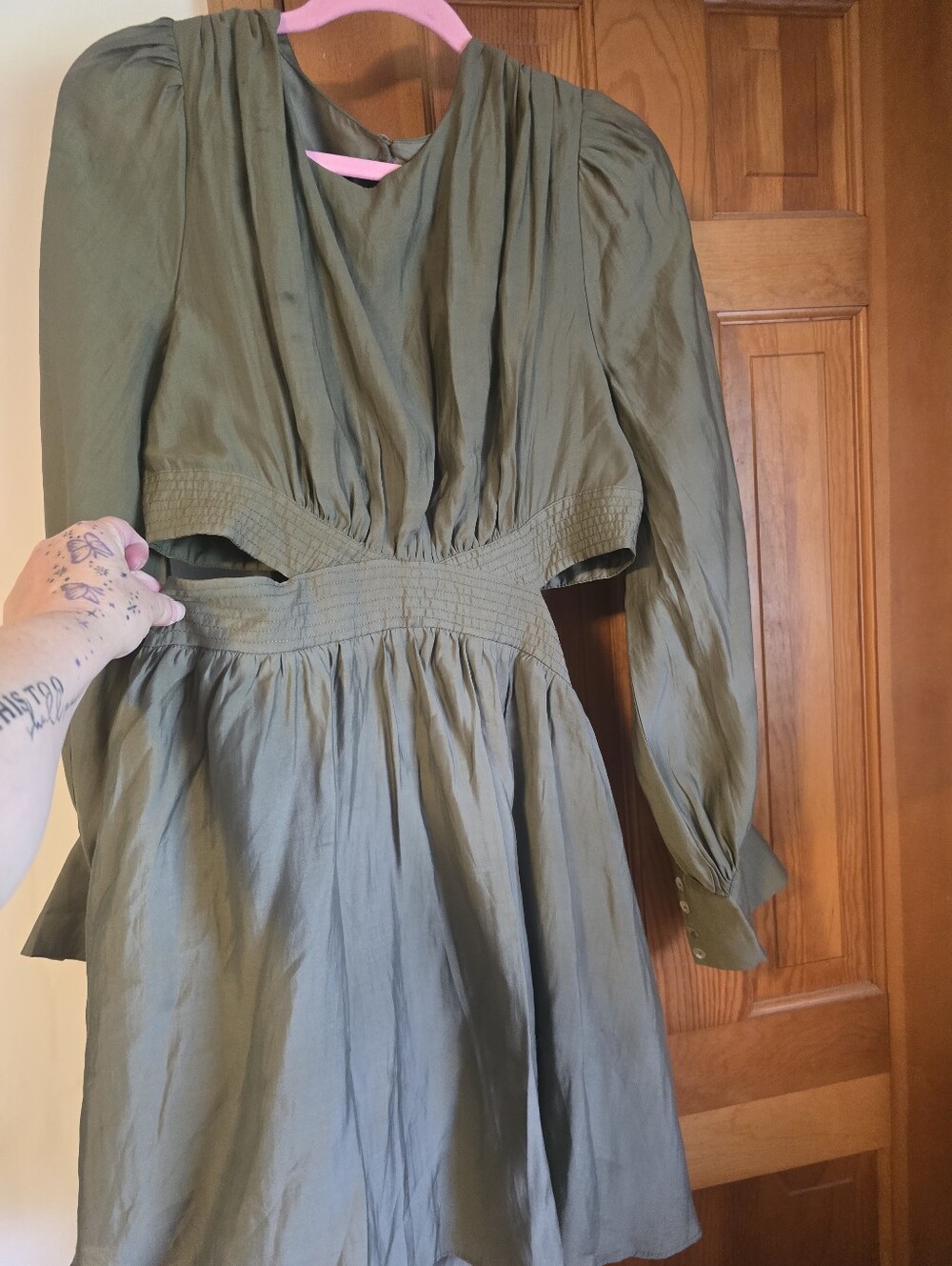 All About May Olive Green Long Sleeve Cutout Waist Dress NWT